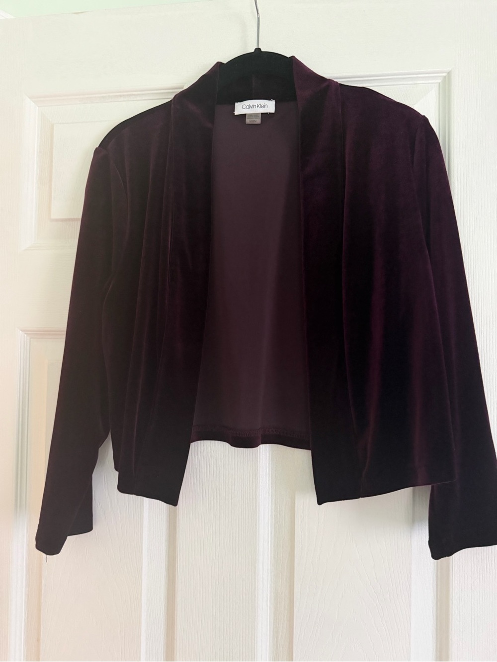 Calvin Klein Velvet Open-Front Shrug in Plum